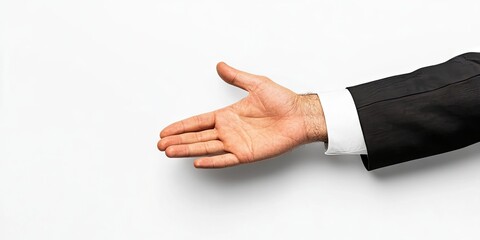 Fototapeta premium Professional businessman hand reaching out on a clean white background with realistic skin tones and formal suit details positioned on the left side.