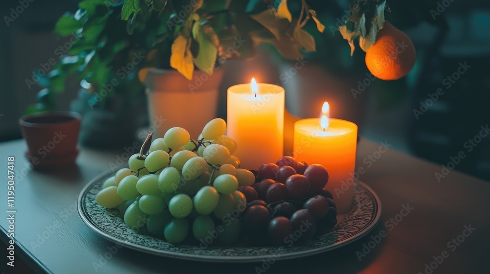 Poster fresh fruits and candles arranged on a decorative plate, creating a cozy and inviting atmosphere wit