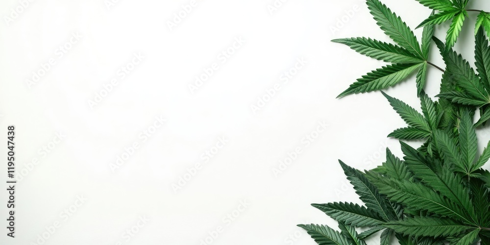 Poster green cannabis leaves elegantly arranged in a corner on a light background, creating negative space 