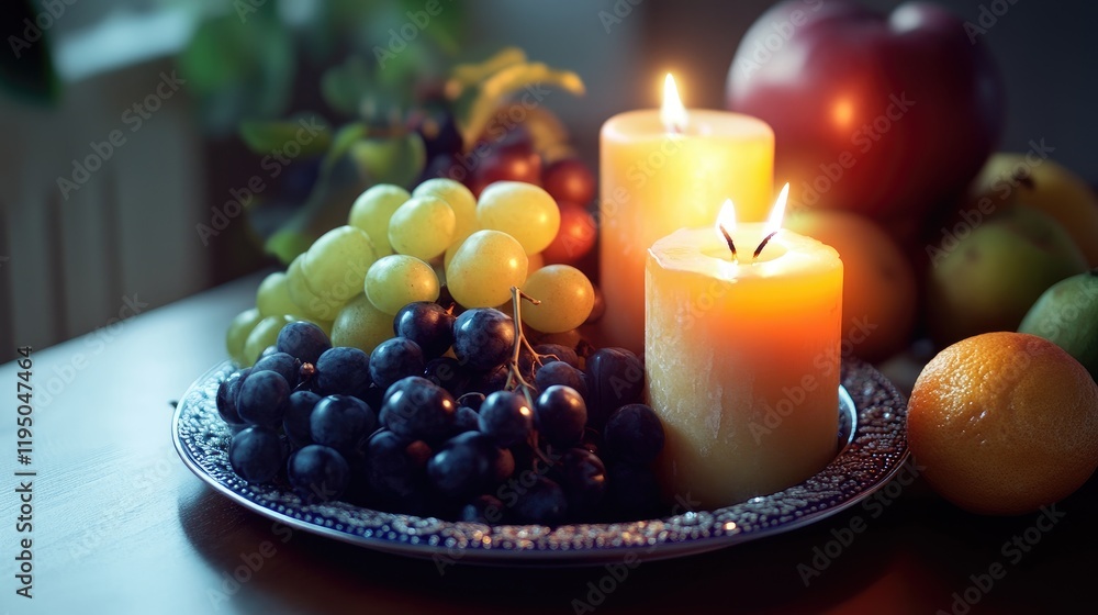 Poster fresh fruits and candles arranged on a decorative plate, creating a cozy and inviting atmosphere wit