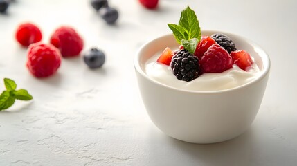 Fresh and delicious yogurt with mixed berries and strawberries in a bowl