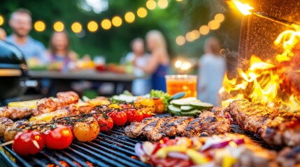 Summer BBQ Feast: A sizzling summer barbecue with friends and family, featuring an array of delicious grilled meats, vegetables, and vibrant skewers. The scene is filled with warm light and laughter.