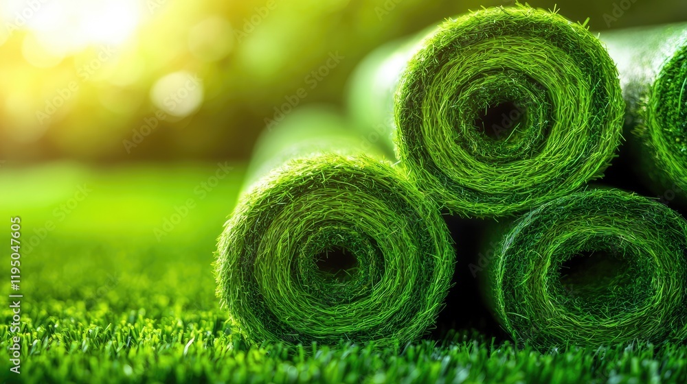 Aufkleber fresh turf grass rolls neatly arranged, ready for lawn installation, creating an image of new green 