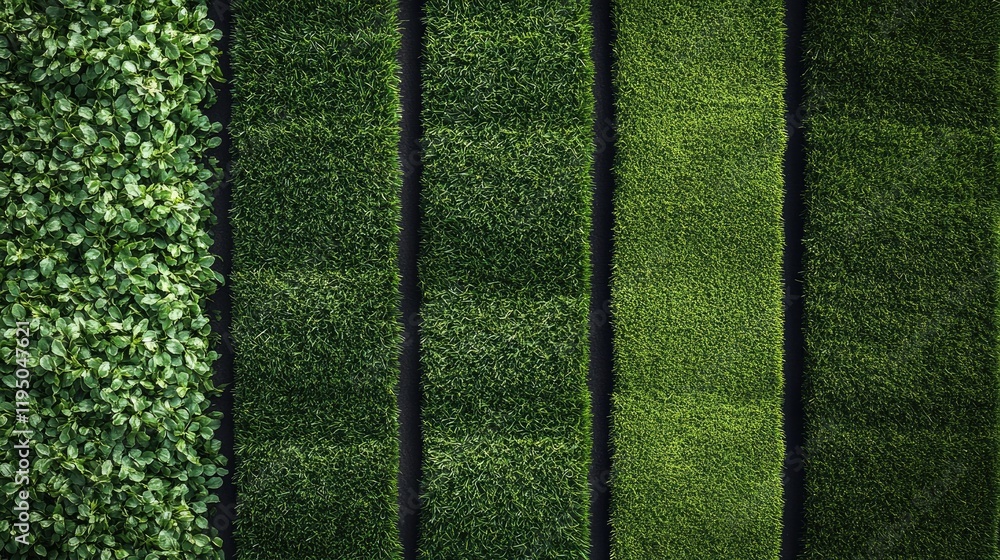 Poster fresh turf grass rolls neatly arranged, ready for lawn installation, creating an image of new green 