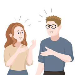 Cartoon people character A man and a woman are chatting and discussing  white young woman and man