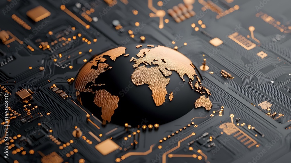 Poster a dark-colored circuit board features a globe with continents rendered in copper-toned dots, symboli