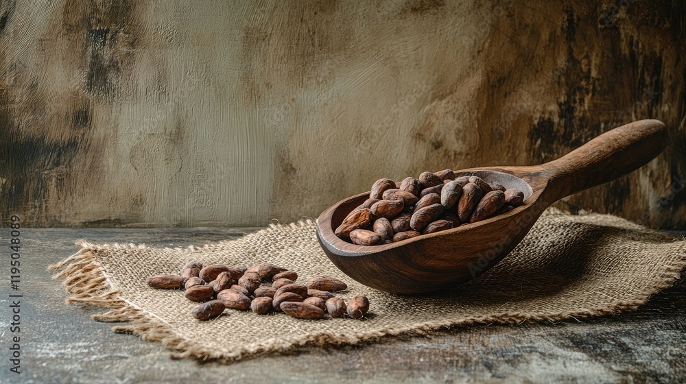 Poster rustic wooden scoop filled with cocoa beans on a burlap mat, wide copy space in the background
