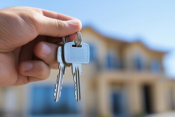 Person Holding a Set of Keys with a Casual Expression Near a House in the Background, Symbolizing Home Ownership and New Beginnings