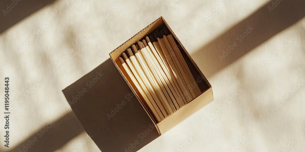 Poster cardboard box with matches arranged neatly inside on a soft light background creating shadows enhanc