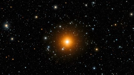 Fototapeta premium The image shows a bright, orange-hued star at the center, surrounded by numerous smaller stars of varying colors and brightness against a dark background of space.