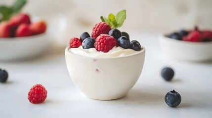 Fresh and delicious yogurt with mixed berries and strawberries in a bowl