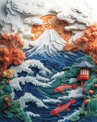 Obraz premium Mount Fuji in Paper Art with Koi Fish and Cherry Blossom Trees