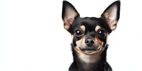 Portrait of a small black and tan Chihuahua with large ears gazing forward against a clean white backdrop with ample copy space on the left side