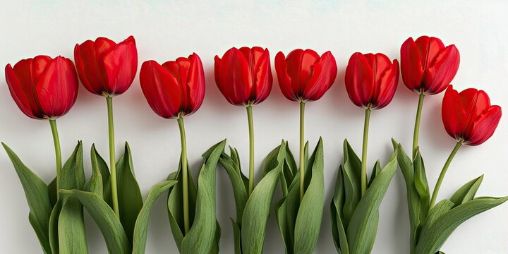 Vibrant red tulips arranged in a row on white background with lush green leaves showcasing floral beauty and freshness in spring setting - Powered by Adobe
