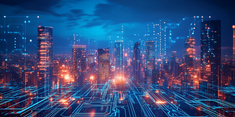 Fototapeta premium Cityscape of the Future: A mesmerizing depiction of a futuristic cityscape bathed in neon lights, where towering skyscrapers intertwine with glowing digital circuitry.