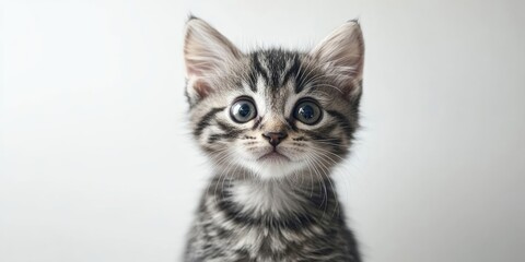 Adorable close-up portrait of a Scottish Straight tabby kitten with black marble fur on silver coat against a soft white background