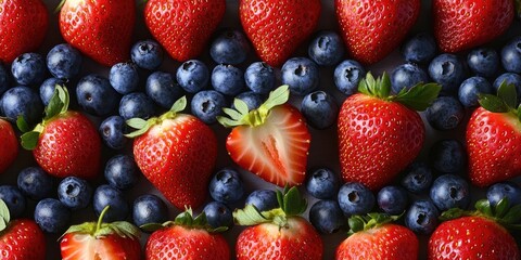 Fototapeta premium Vibrant display of fresh organic strawberries and blueberries arranged in a colorful pattern on a dark background for Independence Day celebration