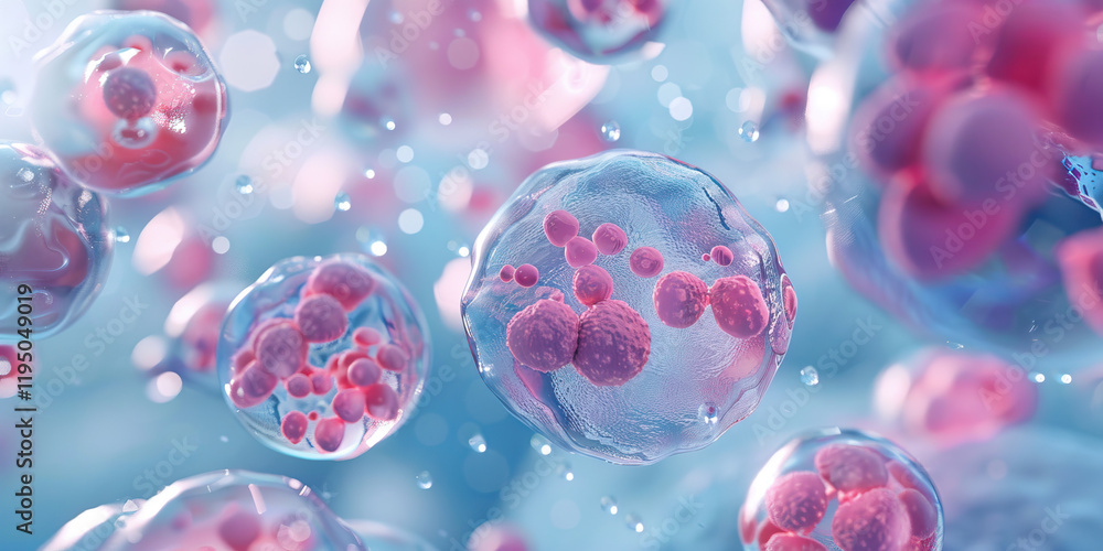 Poster microscopic image of translucent spheres containing pink particles in fluid