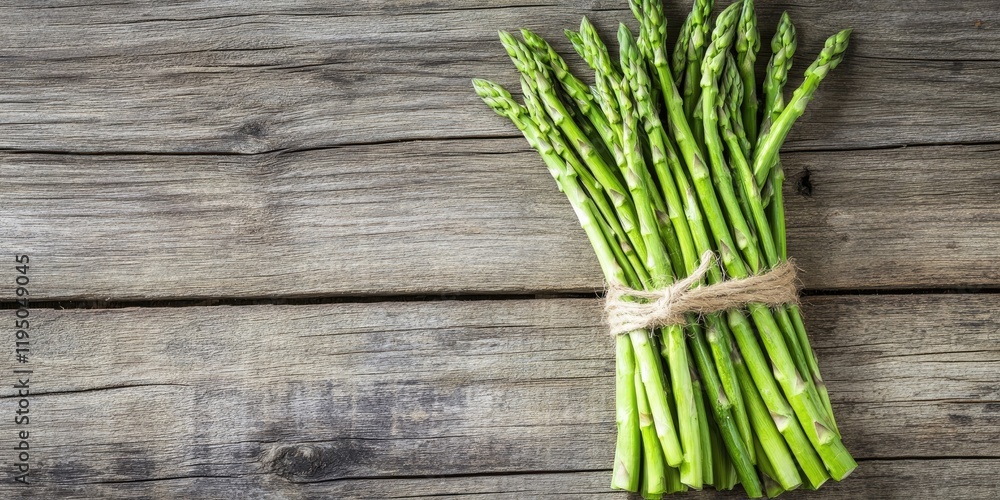 Aufkleber fresh green asparagus bundle tied with twine on rustic wooden table with empty space on left side to