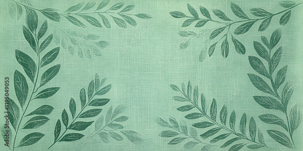 Poster green botanical background: a soft, muted green background with delicate leafy branches in a subtle,