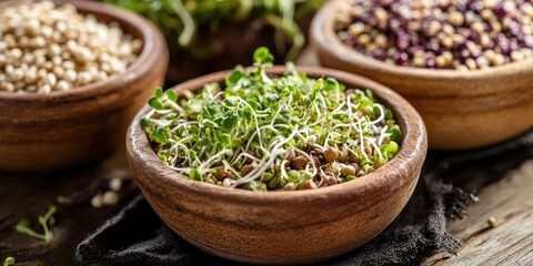 Nutritious food display featuring green sprouts in a wooden bowl surrounded by grains in rustic bowls with earthy tones and natural textures