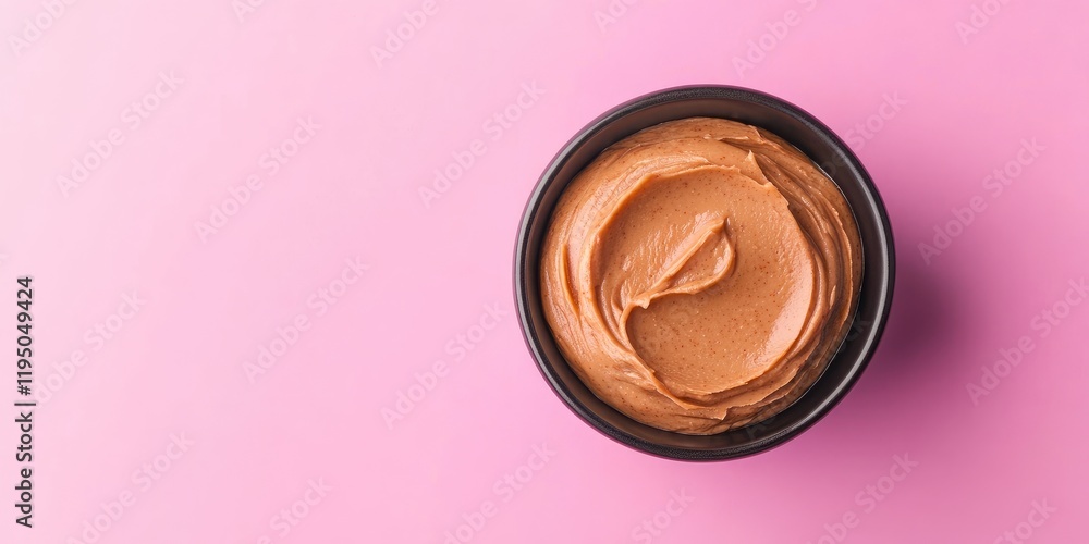 Poster bowl of creamy hazelnut butter on a soft pink background with smooth texture and circular arrangemen