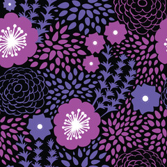 Ditsy colorful floral pattern with flowers and leaves on a dark background.