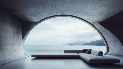 A modern concrete structure with a large arched window overlooking the ocean and mountains