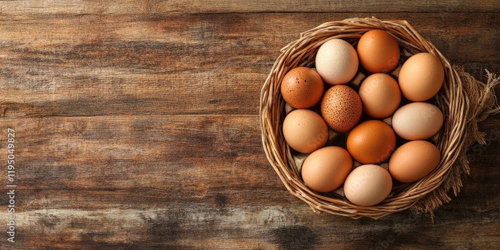 Poster wicker basket with assorted brown chicken eggs arranged centrally on a wooden surface with rustic to
