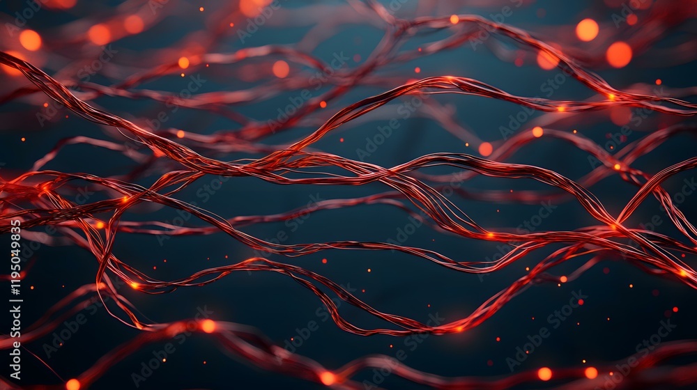 Poster intricate, glowing red strands weave and curve through a dark, bokeh-filled background, creating a m
