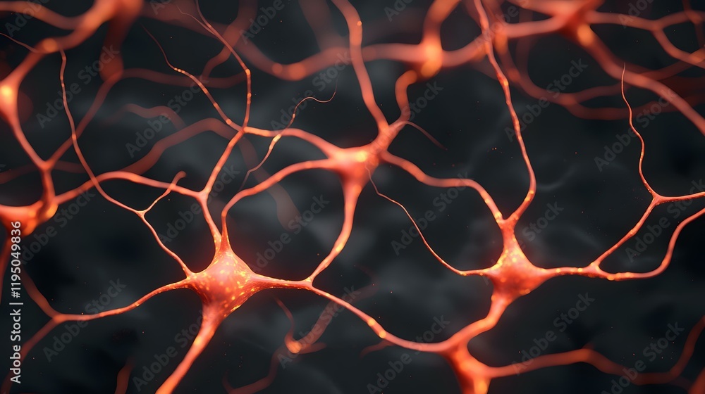 Aufkleber the image shows a close-up rendering of a network of glowing orange neurons, intricately connected a