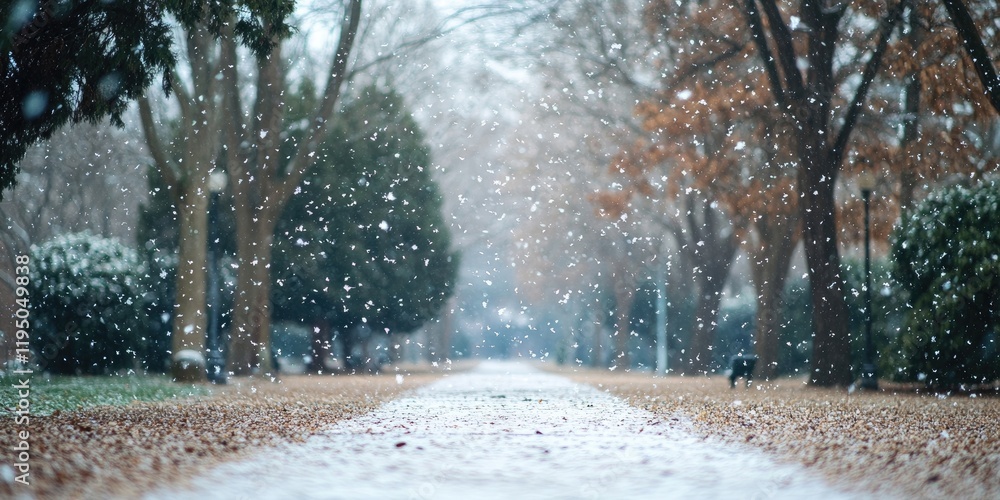 Poster serene winter scene with soft snowfall in a public park pathway framed by bare trees and fallen leav