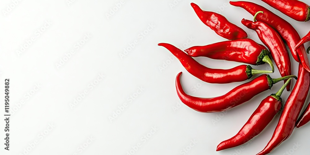 Poster cayenne peppers in vibrant red arranged artistically on a clean white background with ample space fo