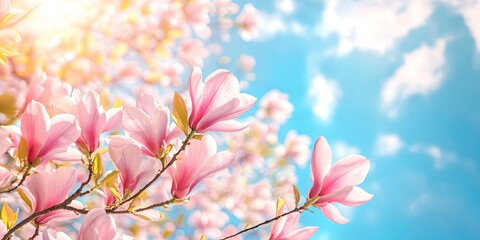 Blooming pink magnolia branches against a clear blue sky with fluffy white clouds warm sunlight...