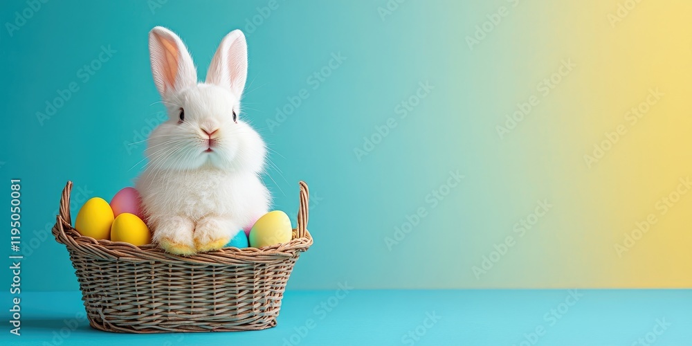 Poster fluffy white easter bunny sitting in a wicker basket filled with colorful eggs against a soft turquo