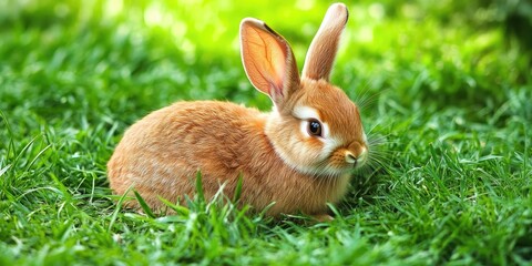 Obraz premium Playful brown rabbit with long ears nestled in vibrant green grass, showcasing soft fur and adorable expression in a natural outdoor setting.