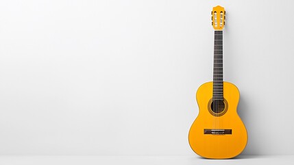 Fototapeta premium Yellow acoustic guitar against white wall.