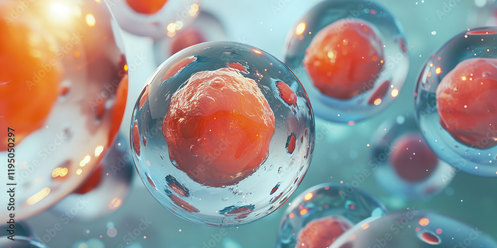 Poster digital rendering of translucent spheres containing orange cells