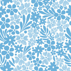 Disty pattern with blue flowers on a white background. Vector illustration.