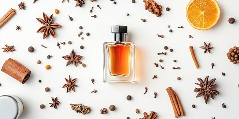Perfume bottle centerpiece surrounded by assorted spices including star anise, cinnamon, and orange slices on a white surface with space for text.