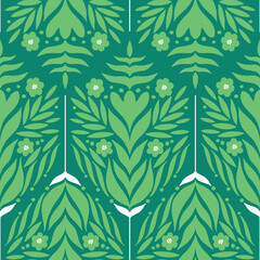 Seamless pattern with green leaves and flowers on a green background.
