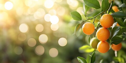 Vibrant citrus orange fruits hanging from lush green foliage with a blurred bokeh background and soft golden sunlight in a tranquil garden setting