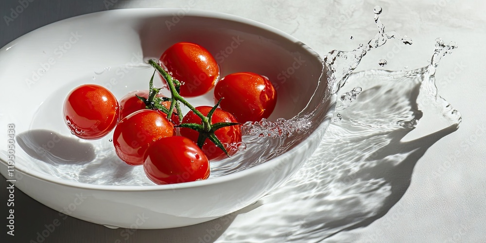 Poster vibrant cherry tomatoes creating dynamic splashes in clear water within a white bowl on a light surf