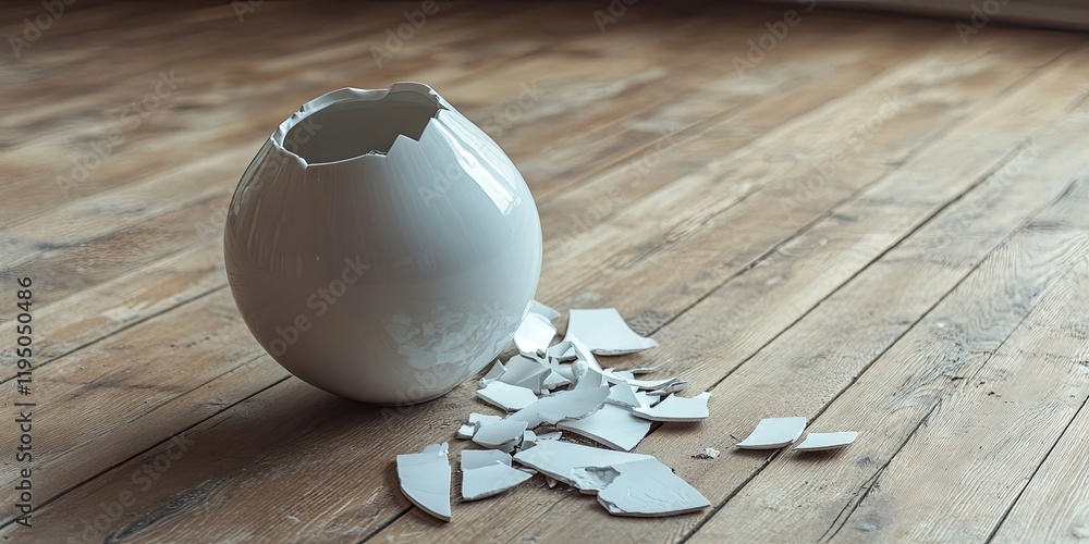 Poster broken white ceramic vase shattered on rustic wooden floor viewed from above with scattered pieces o