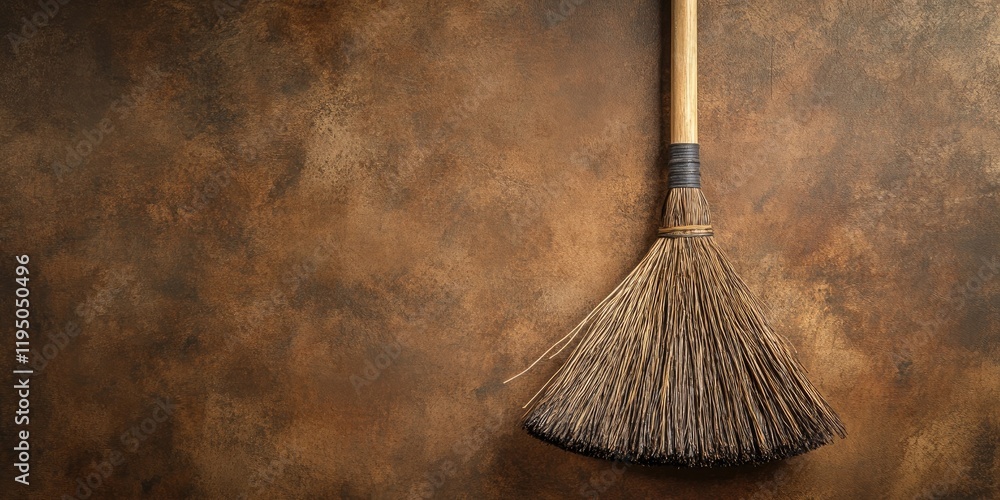 Poster broom leaning against a textured dark brown background with ample copy space on the right for text i