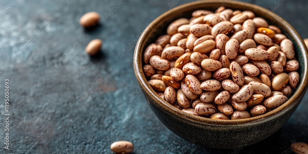 Poster bowl of dry pinto beans centered on a dark textured background with ample negative space on the left