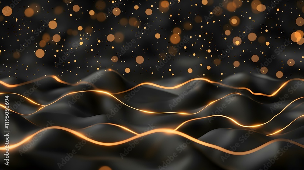 Poster the image shows a dark, abstract background with undulating black waves and glowing orange lines. sm