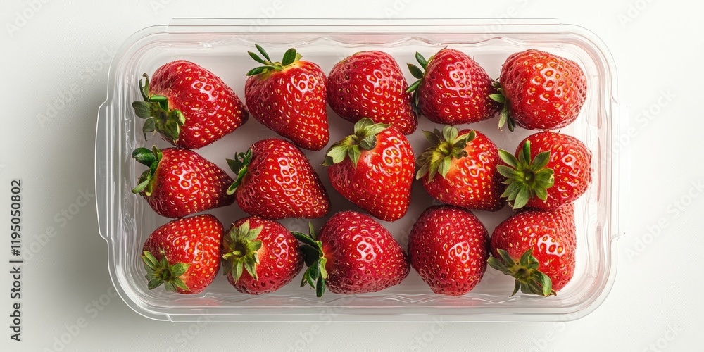 Poster fresh red strawberries neatly arranged in a clear plastic container on a white background with ample