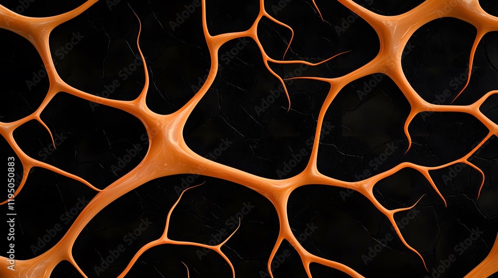 Poster an image showing a network of bright orange, organic, branching structures against a dark, textured 