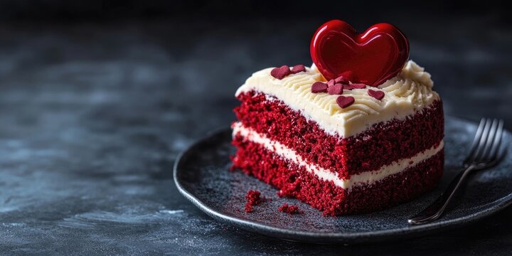Red velvet cake slice with cream frosting and heart decoration on a dark plate black background elegant dessert for Valentine's Day or Christmas